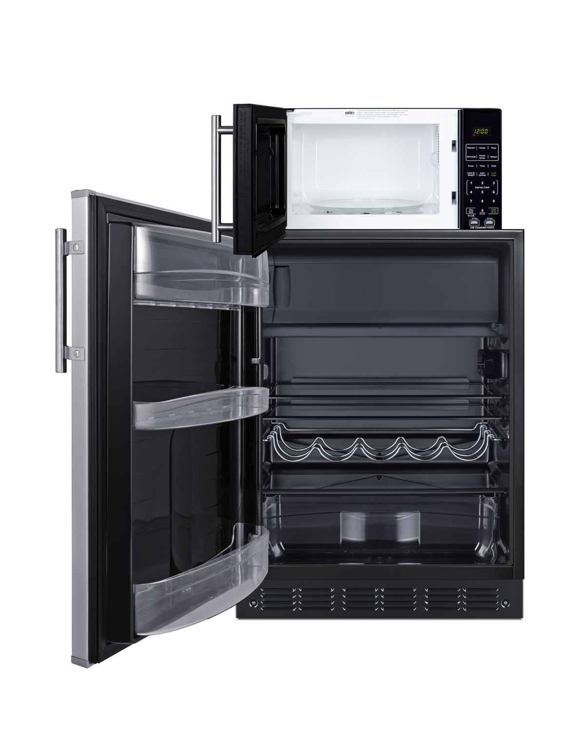 Counter height refrigerator-freezer with stainless steel door and compact microwave in black with allocator and USB ports for 1-plug operation; ships in three boxes on one pallet
